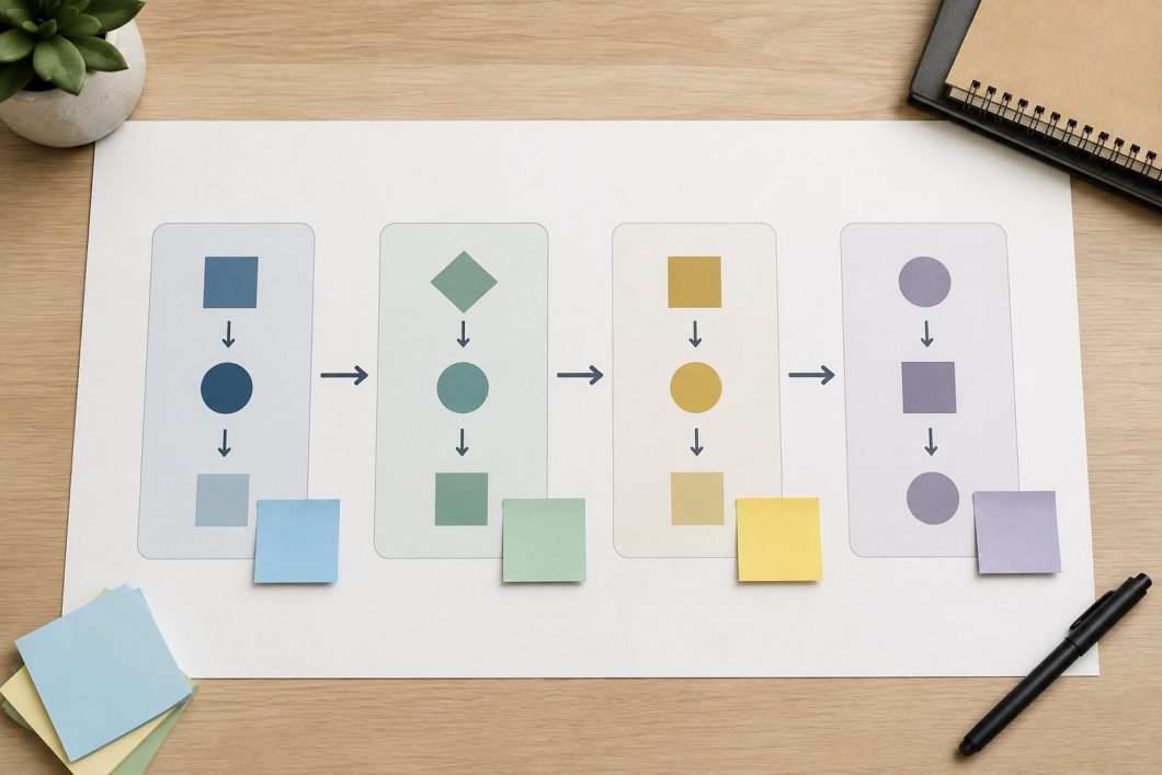 Schema stampato a quattro fasi con forme colorate collegate da frecce, post-it e una pianta sulla scrivania.