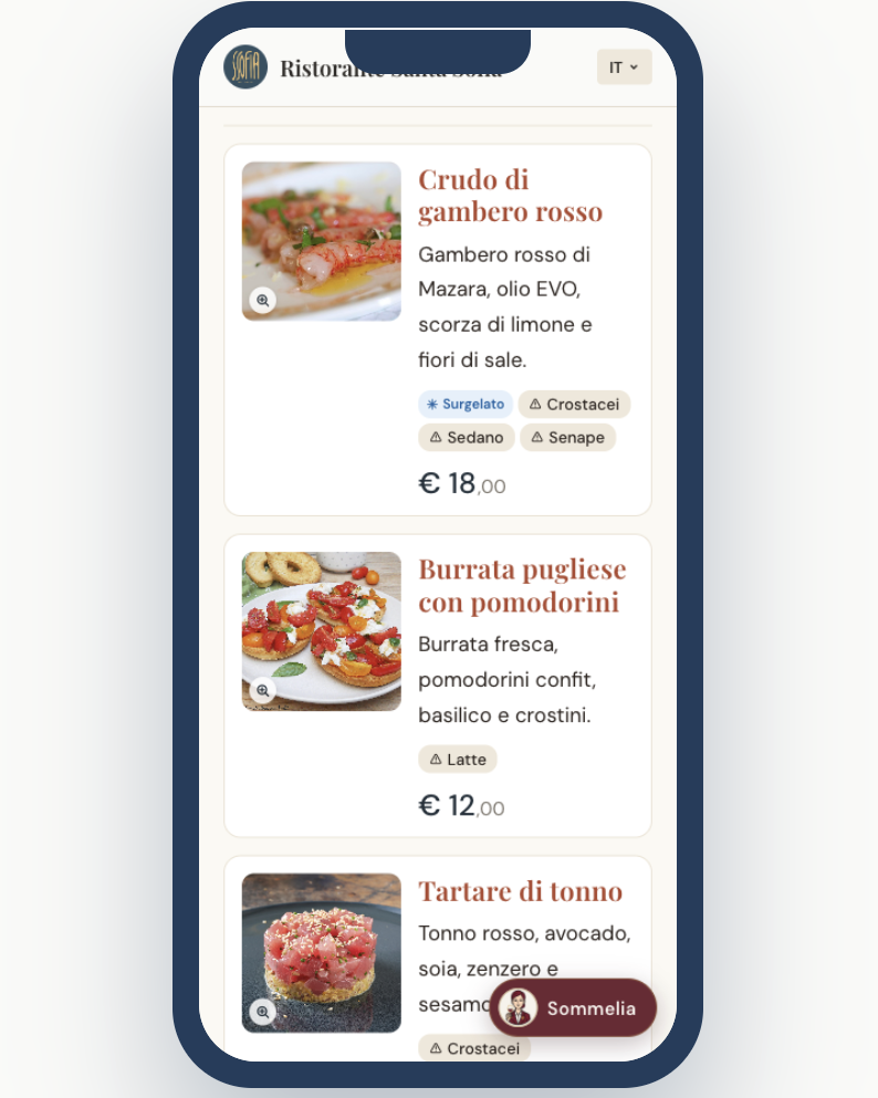 Menu digitale sul telefono: piatti con fotografia, descrizione, allergeni e prezzo